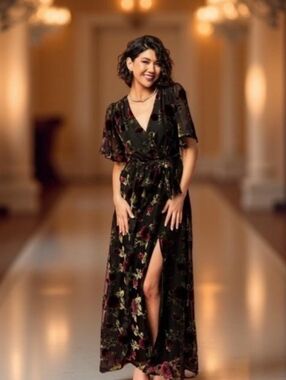 Baltic Born Floral Wrap Maxi Dress in Black with Burgundy Burnout Florals XL